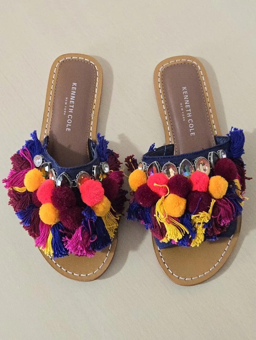 Kenneth Cole New York Osmond Slide Sandals - Fringe Pom Pom - Boho-Chic - Size 7
